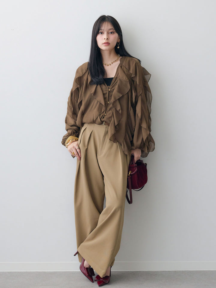 [予約]シアーフリルフロントボタンブラウス/brown
