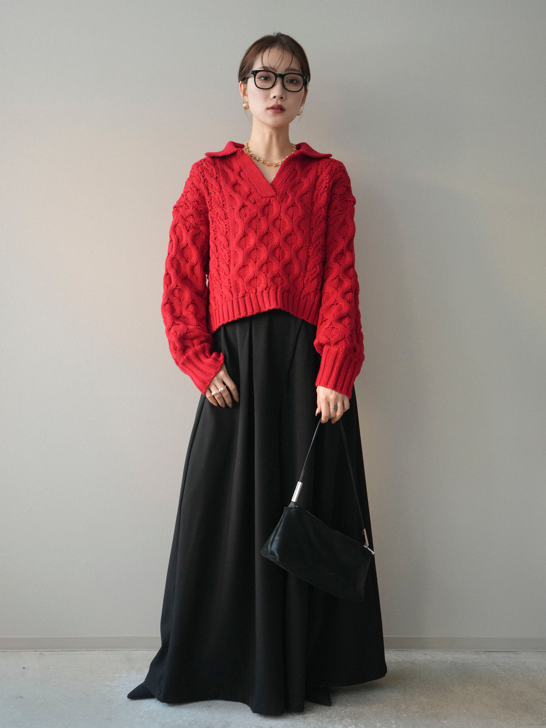 [予約]バルキーケーブルクロップド開襟プルオーバー/red