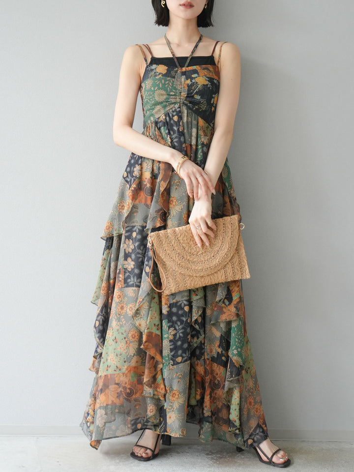 [預購] 拼布荷葉邊吊帶洋裝/混色