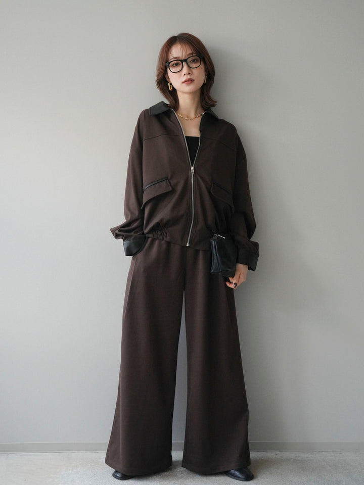 [予約]レザー襟配色パイピングブルゾン/brown