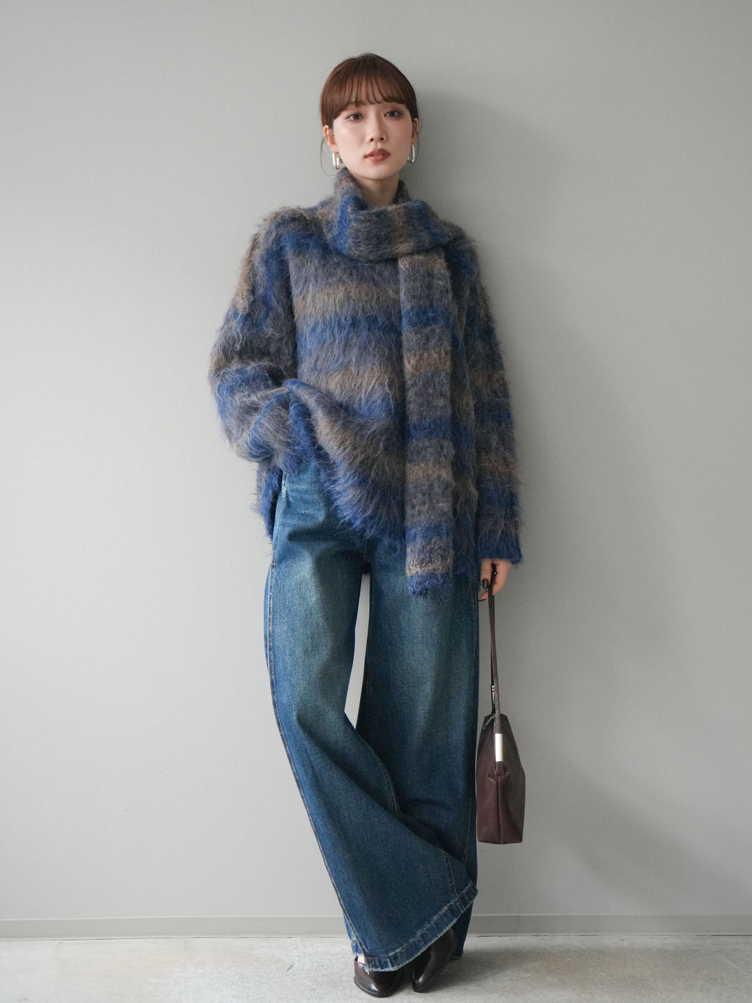 [予約]ストール付シャギーマルチボーダーニットプルオーバー/blue