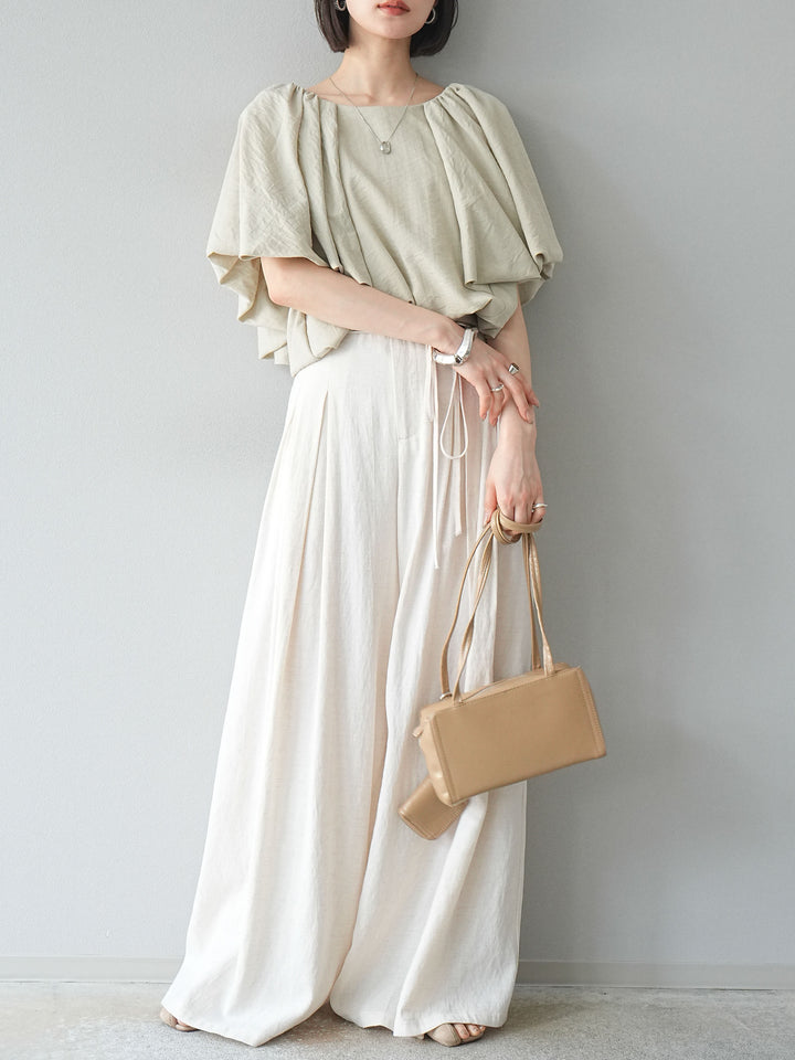 【預購】仿亞麻雙褶設計寬褲/象牙白