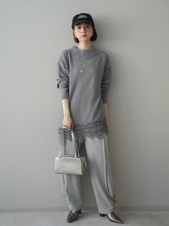 [SET]アシンメトリーレースヘムニットプルオーバー+2WAYデザインスウェットパンツ(2set)