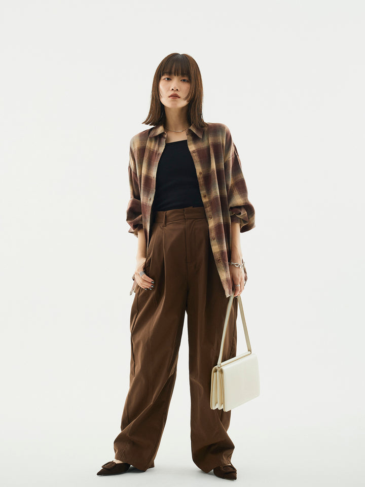 【Allure】[SET]オンブレチェックオーバーシャツ+タフタワイドカーブパンツ(2set)