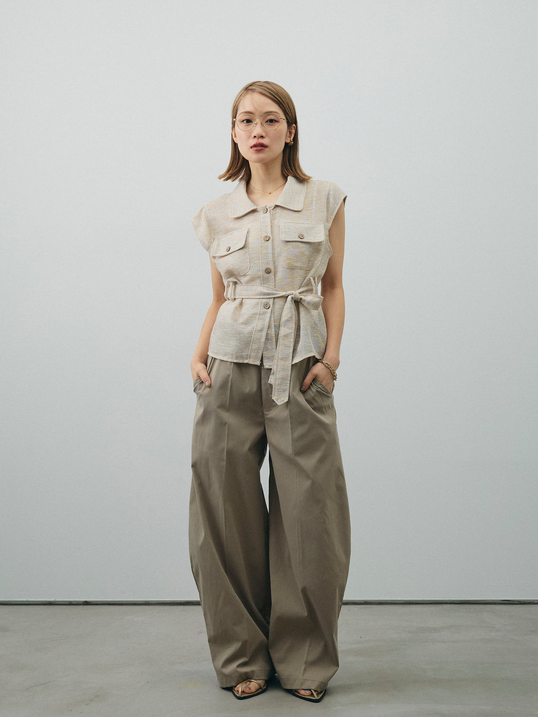 [SET]ミックスヤーンメッシュブラウス+コクーンワイドチノパンツ(2set)