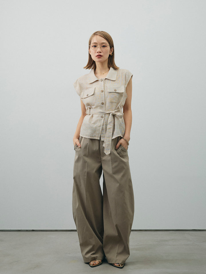 [SET]ミックスヤーンメッシュブラウス+コクーンワイドチノパンツ(2set)