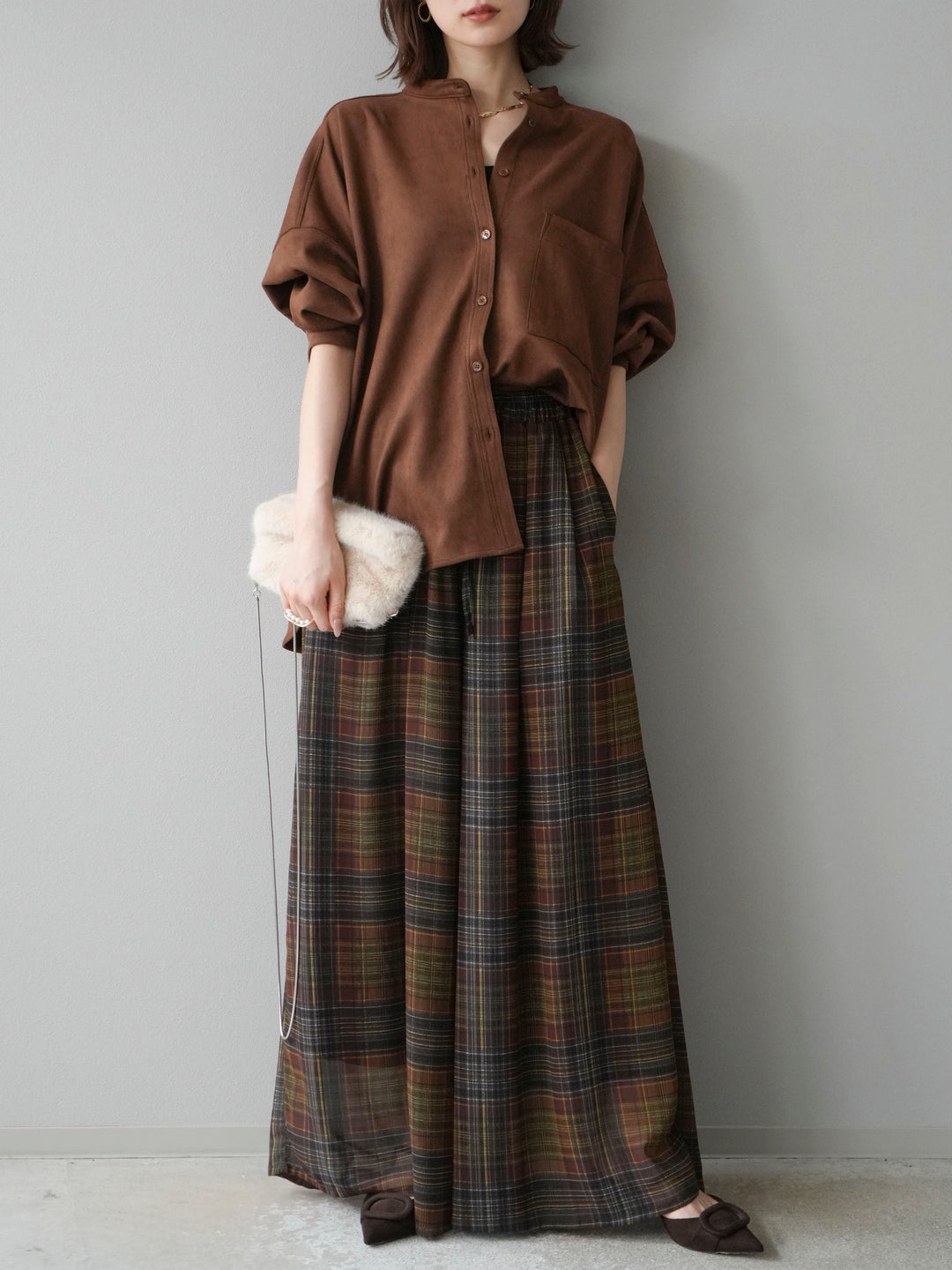 [SET]スエードバンドカラーオーバーシャツ+シアーチェックバギーパンツ(2set)