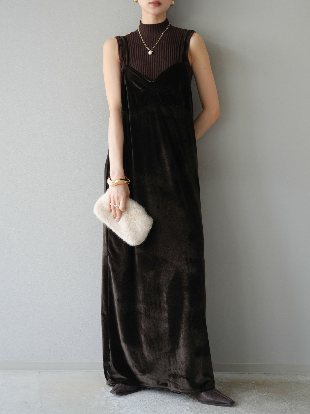 [予約]ベロアビスチェキャミワンピース/ブラウン
