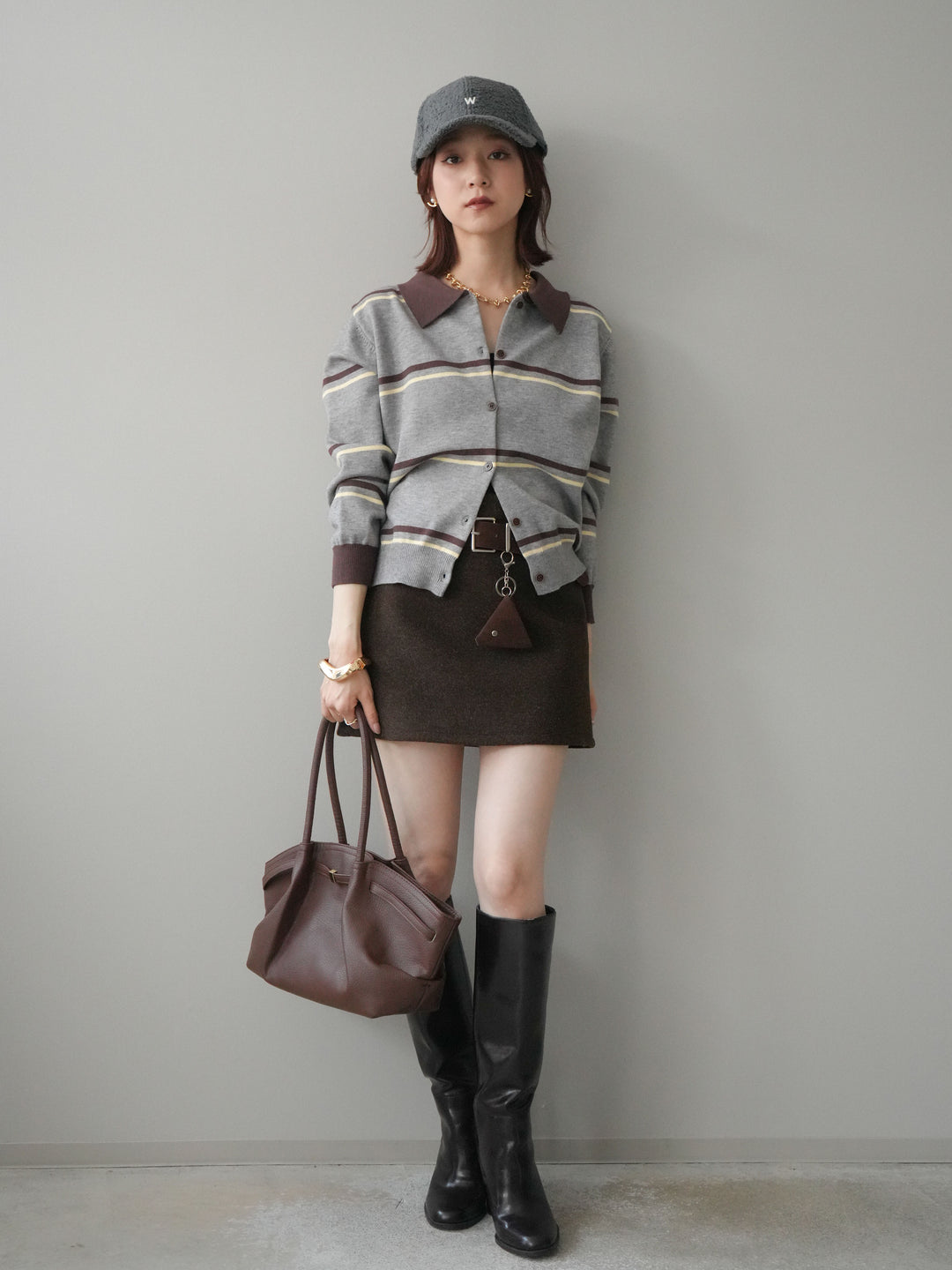 [予約]ウールタッチベルト付ミニスカート/brown