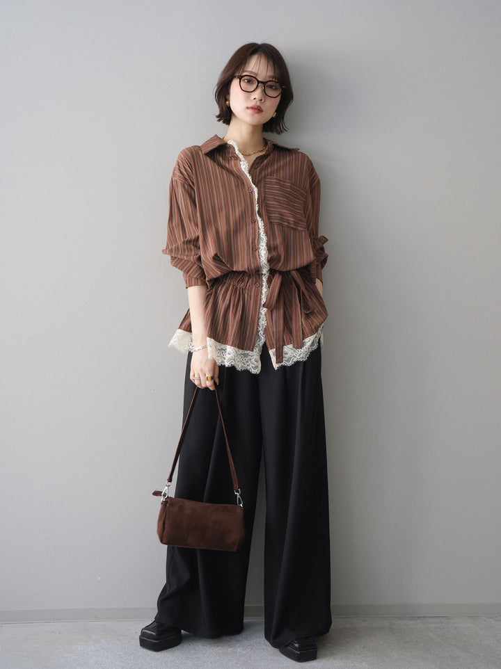 [予約]レース付ストライプウエストギャザーシャツ/brown