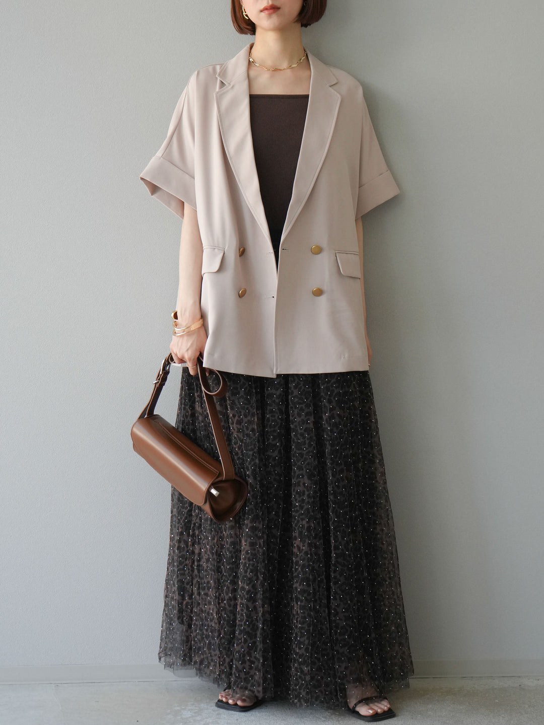 [5] 豹紋薄紗層疊百褶裙/摩卡色