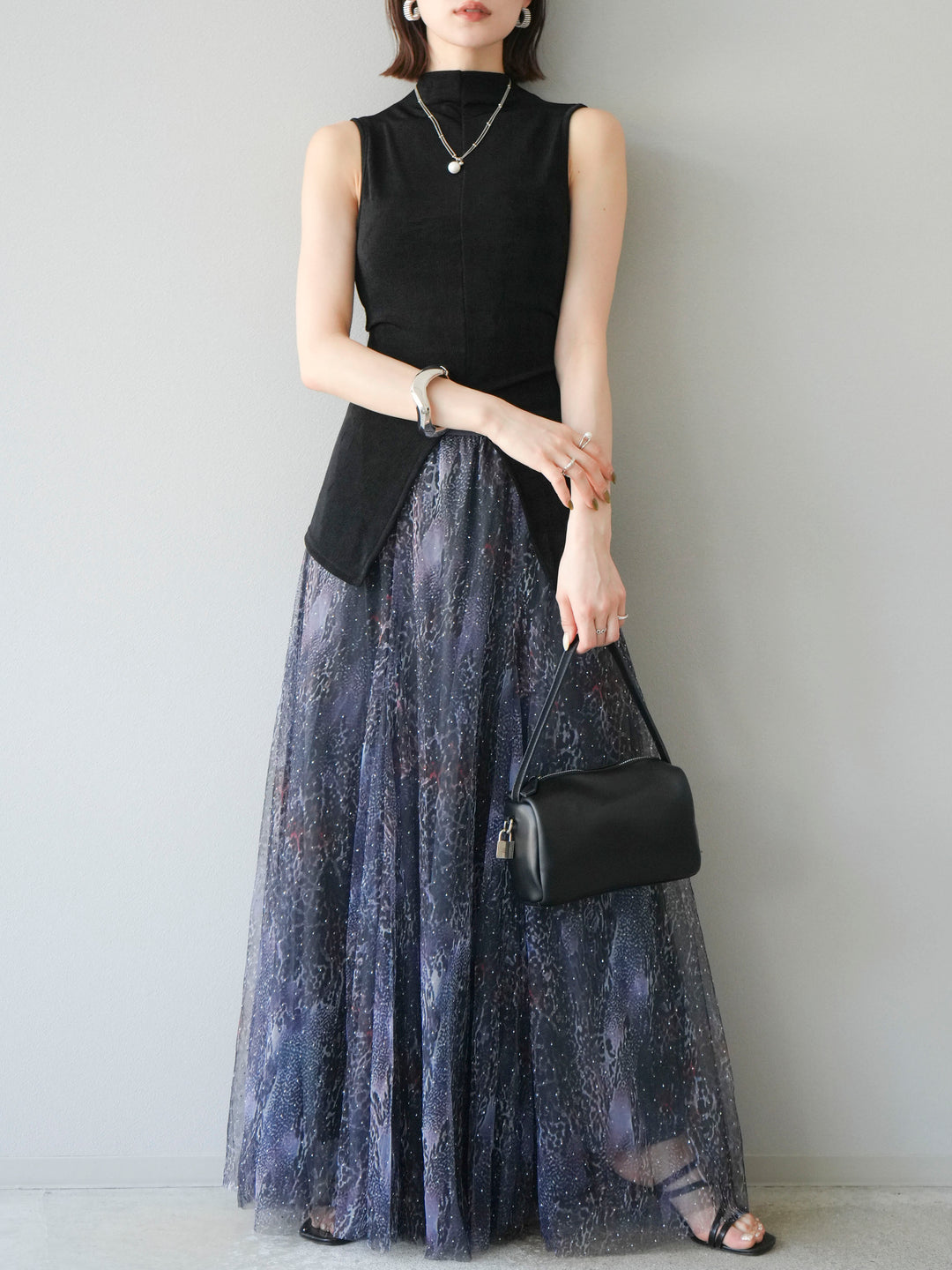 [予約]ニュアンス柄チュールレイヤードプリーツスカート/ネイビー