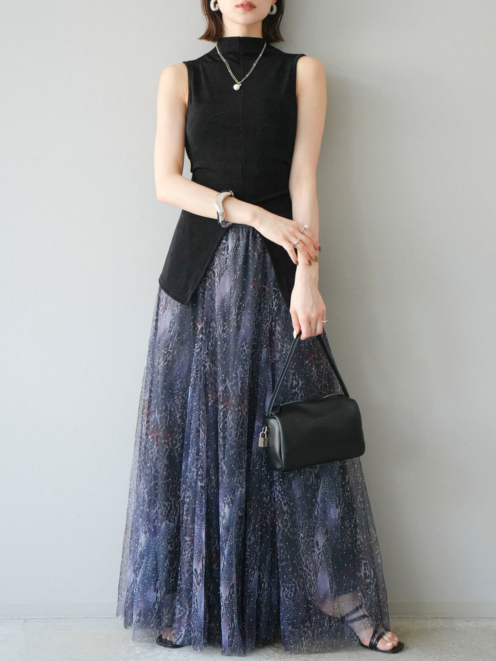 [予約]ニュアンス柄チュールレイヤードプリーツスカート/ネイビー