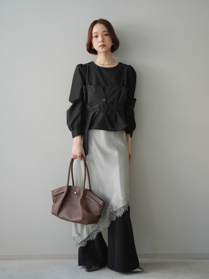 [SET]異素材ビスチェドッキングブラウス+センターシームフレアパンツ(2set)