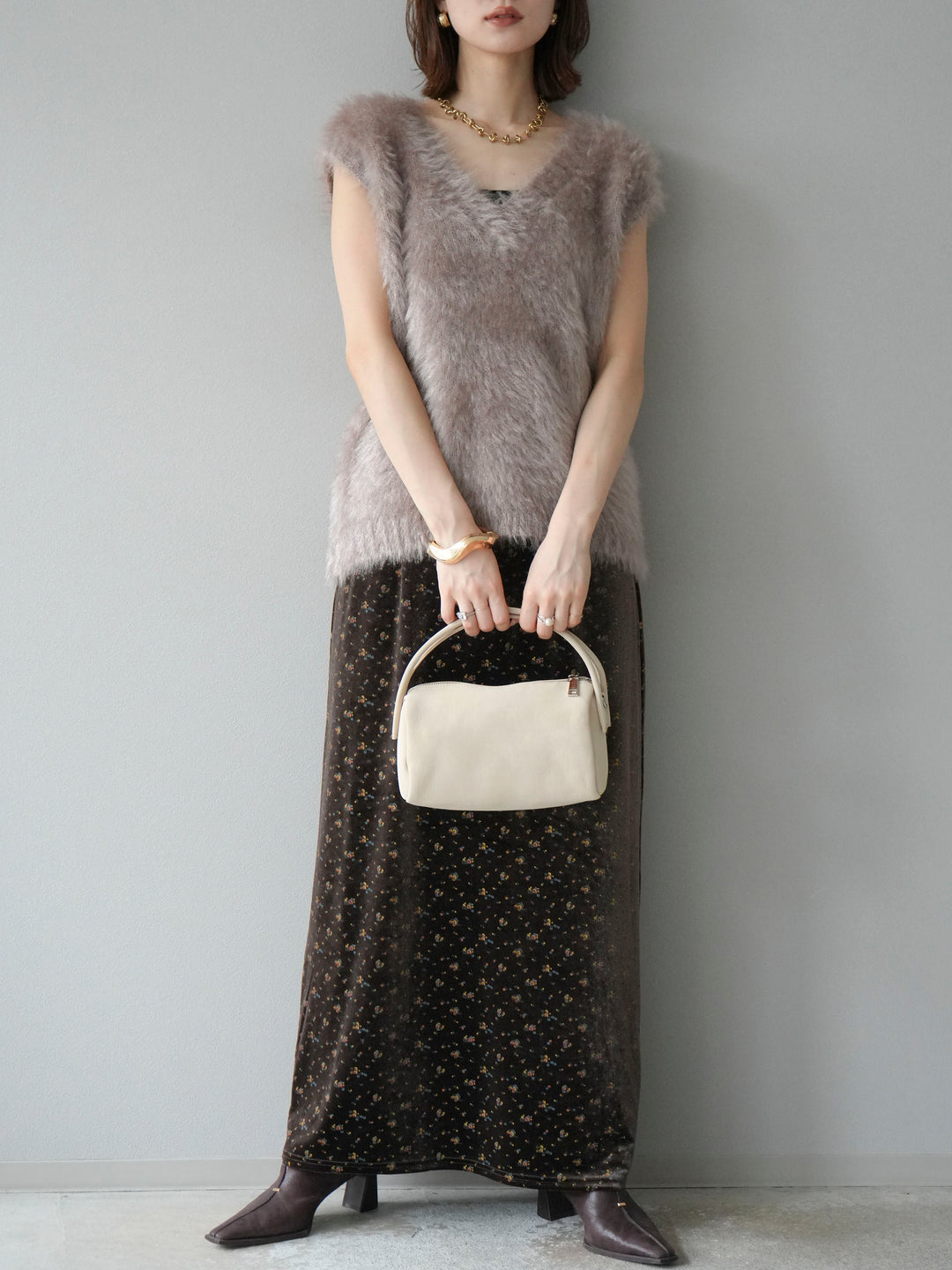 [予約]ベロアフラワープリントIラインスカート/ブラウンxイエロー