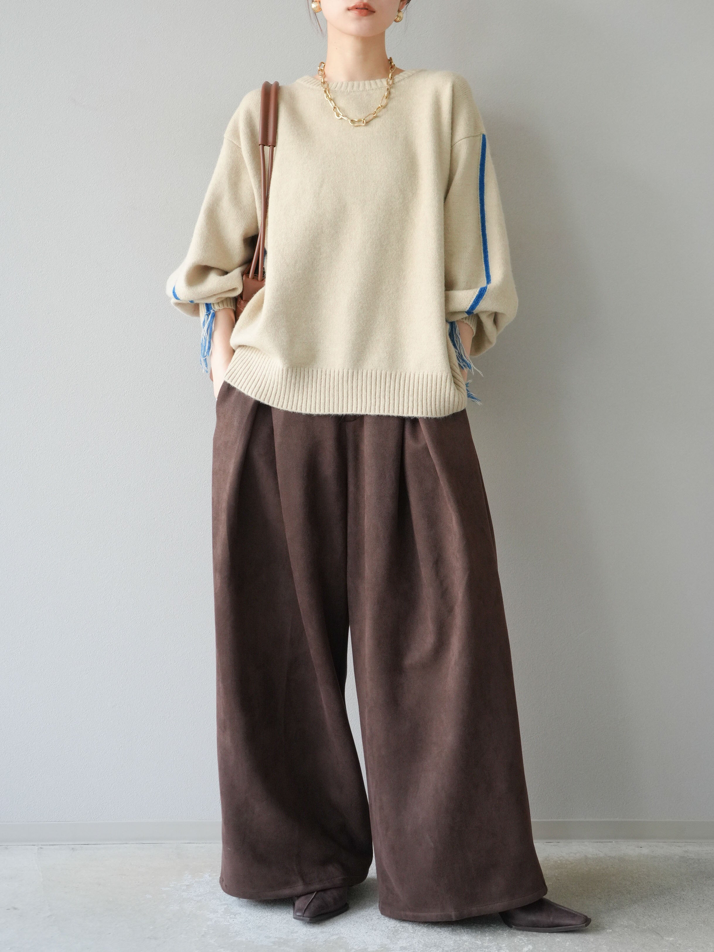 SET]配色ステッチフリンジニットプルオーバー +スウェードタック