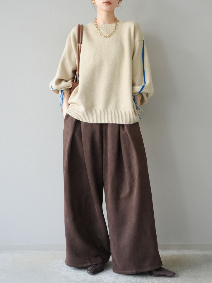 [SET]配色ステッチフリンジニットプルオーバー +スウェードタックワイドパンツ(2set)