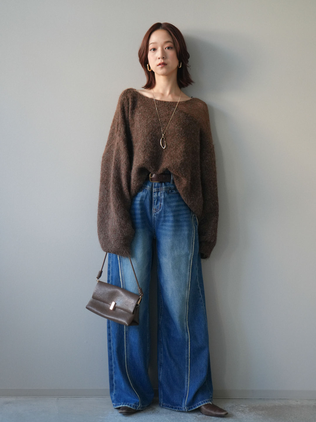 [SET]透かしデザインニットプルオーバー+サイドフリンジワイドデニムパンツ(2set)