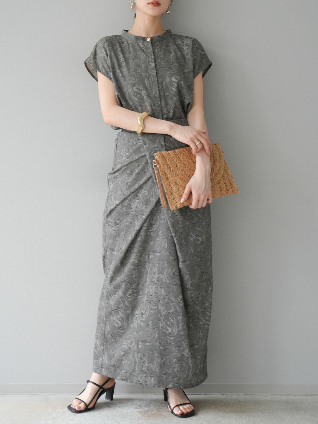 [SET]ペイズリープリントゴールドボタンブラウス+ペイズリープリントタックIラインスカート(2set)