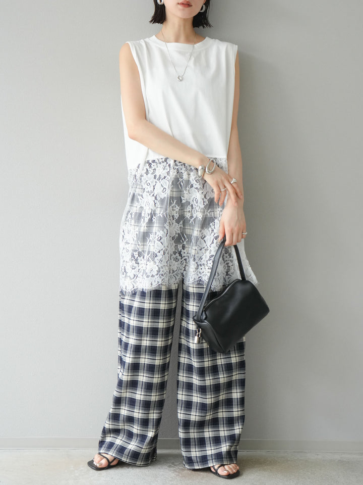 【預購】蕾絲層疊格紋寬褲/藏青色