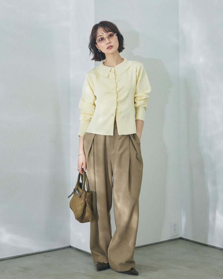 【Allure】[SET]襟付きギャザーニットカーディガン+アシンメトリーウエストタックパンツ(2set)