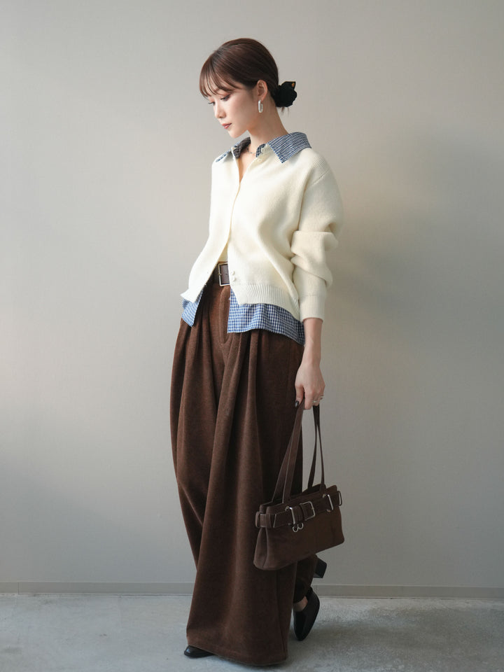 [予約]チェックシャツ襟ニットカーディガン/beige