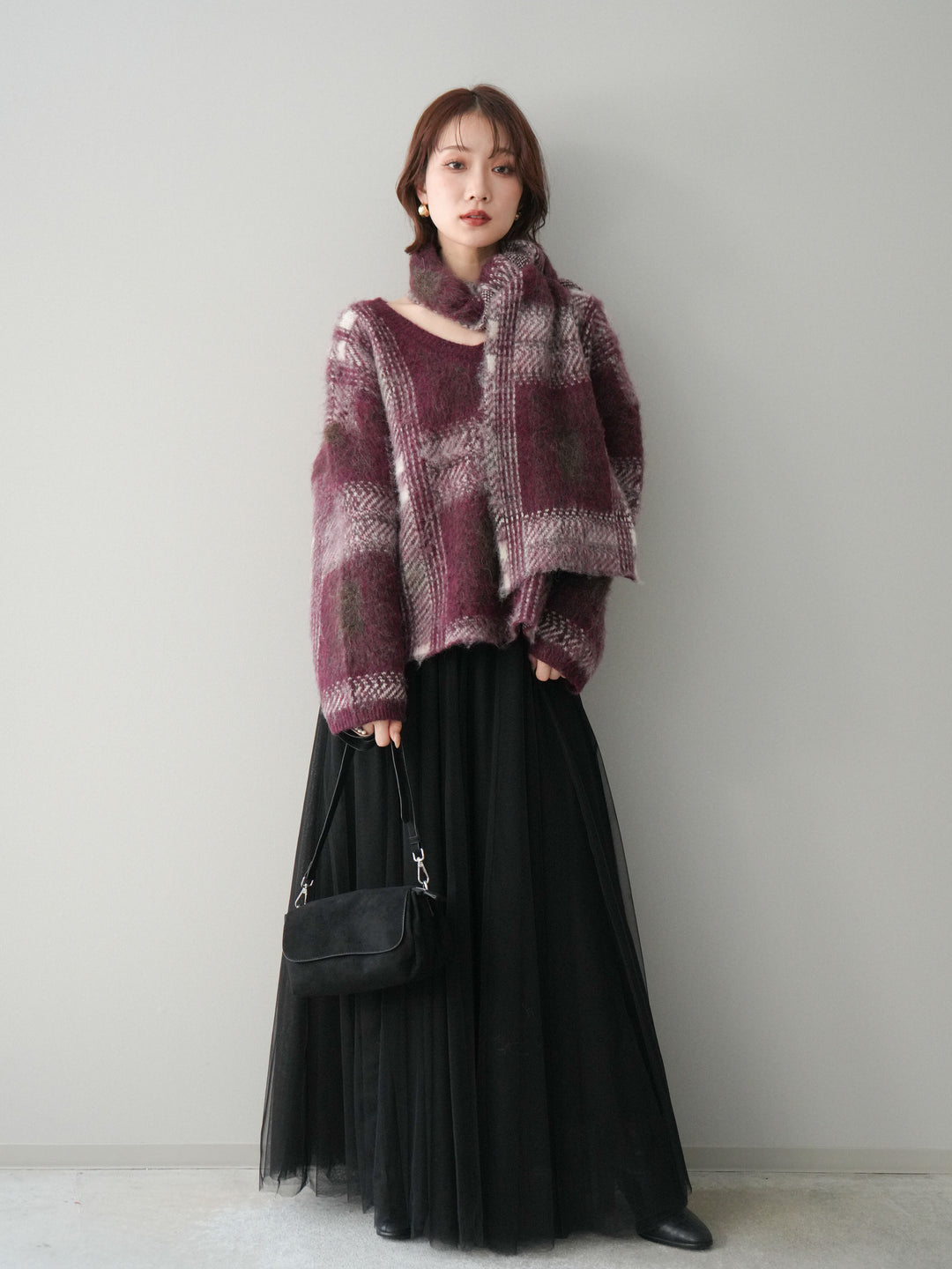 [予約]ストール付シャギーチェックニットプルオーバー/red