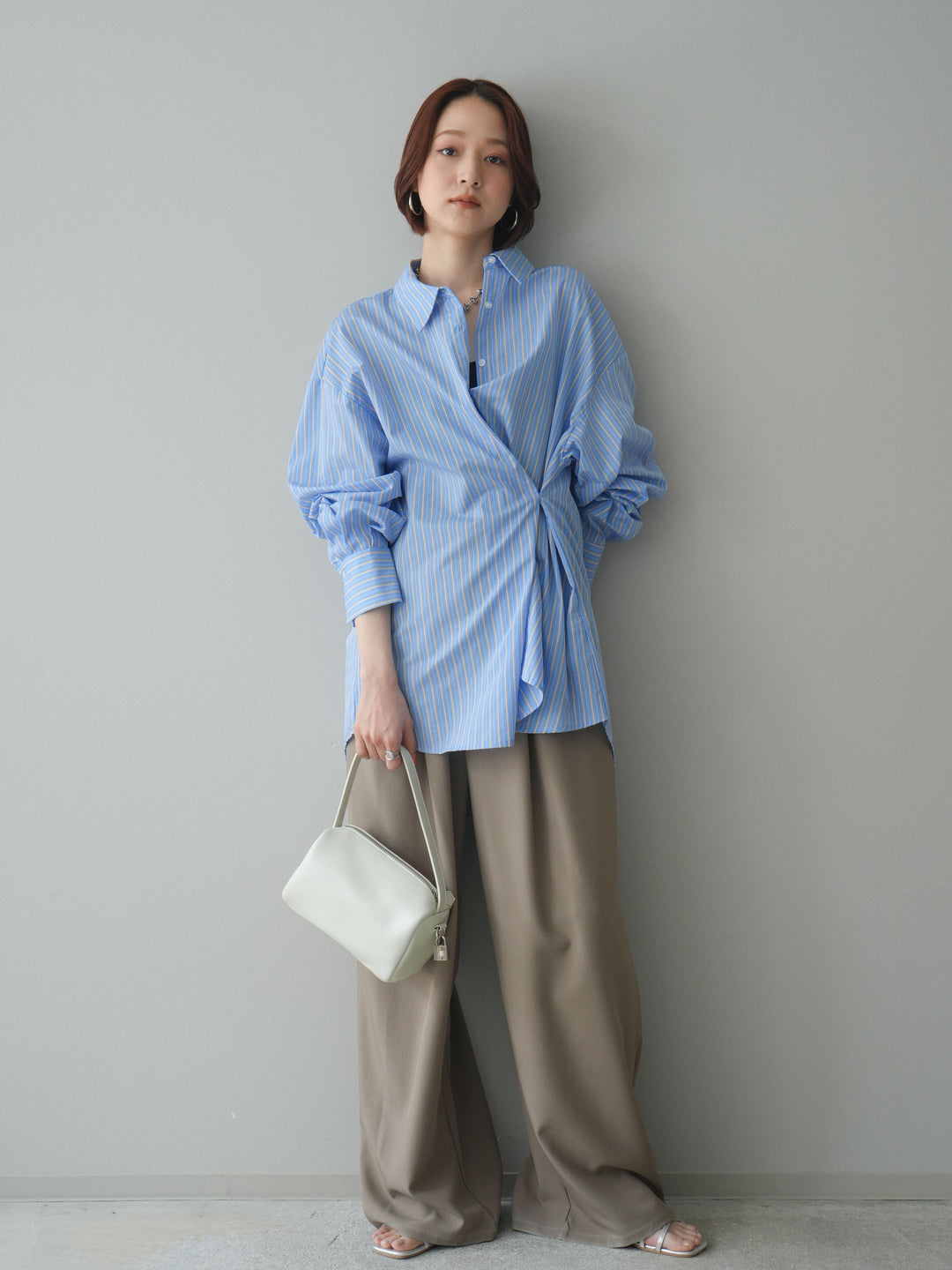 [SET]2wayルーズストライプシャツ+ベルト付キーホルダーモチーフワイドパンツ(2set)