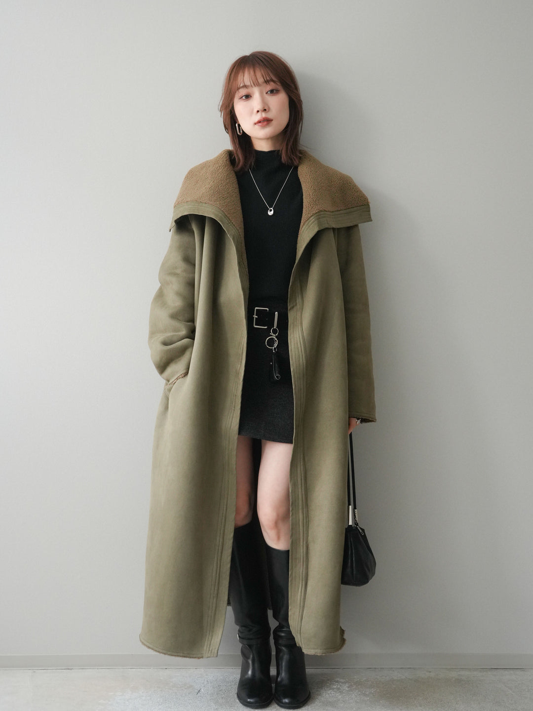 [予約]ウールタッチベルト付ミニスカート/black