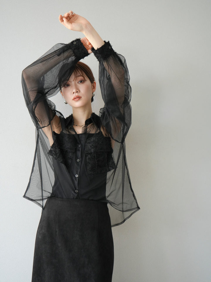 [予約]フリンジジャガード×チュールレイヤードシャツ/ブラック