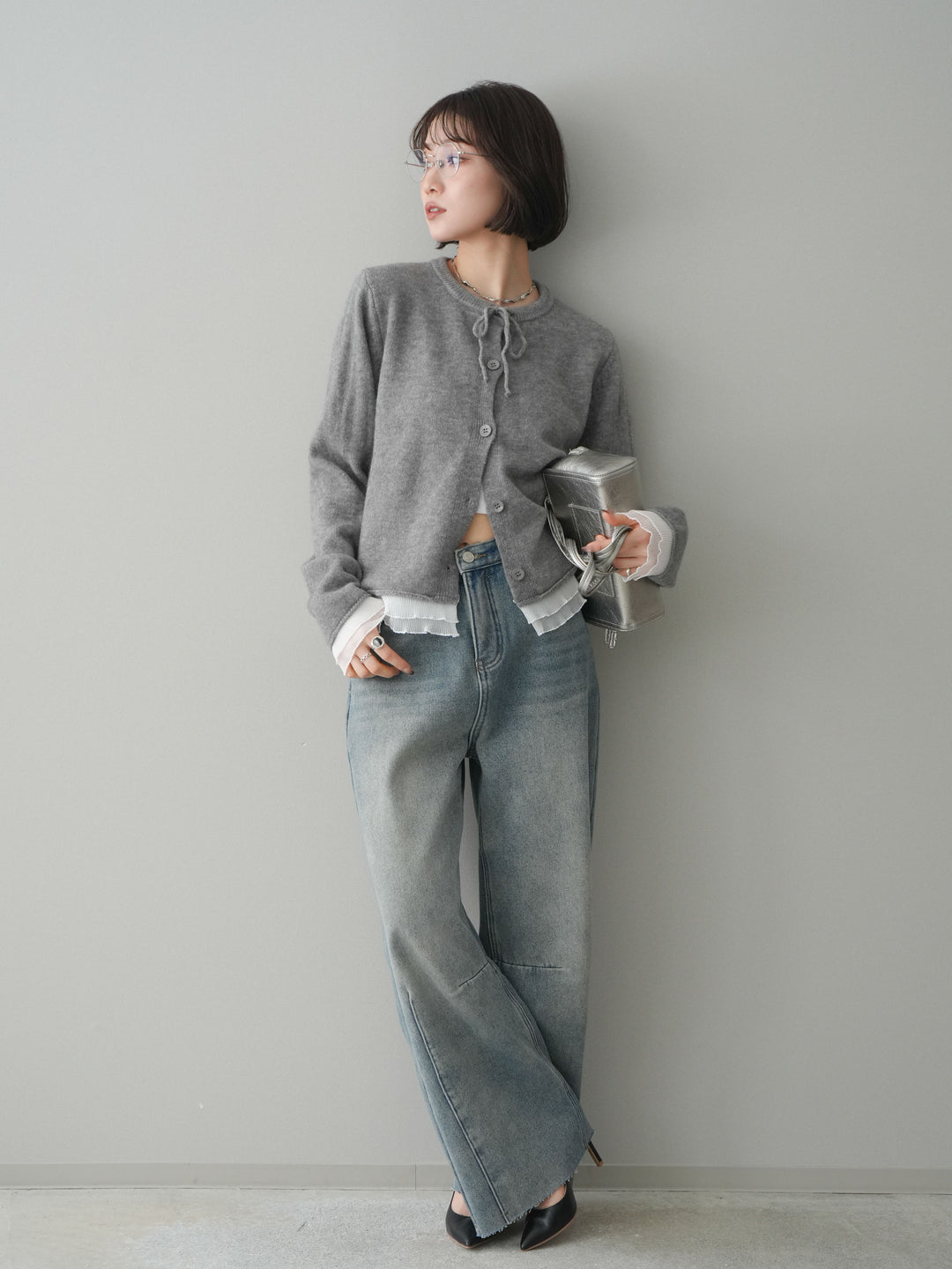 [予約]裏起毛カットオフカーブデニムパンツ/blue
