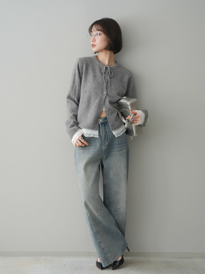 [予約]裏起毛カットオフカーブデニムパンツ/blue