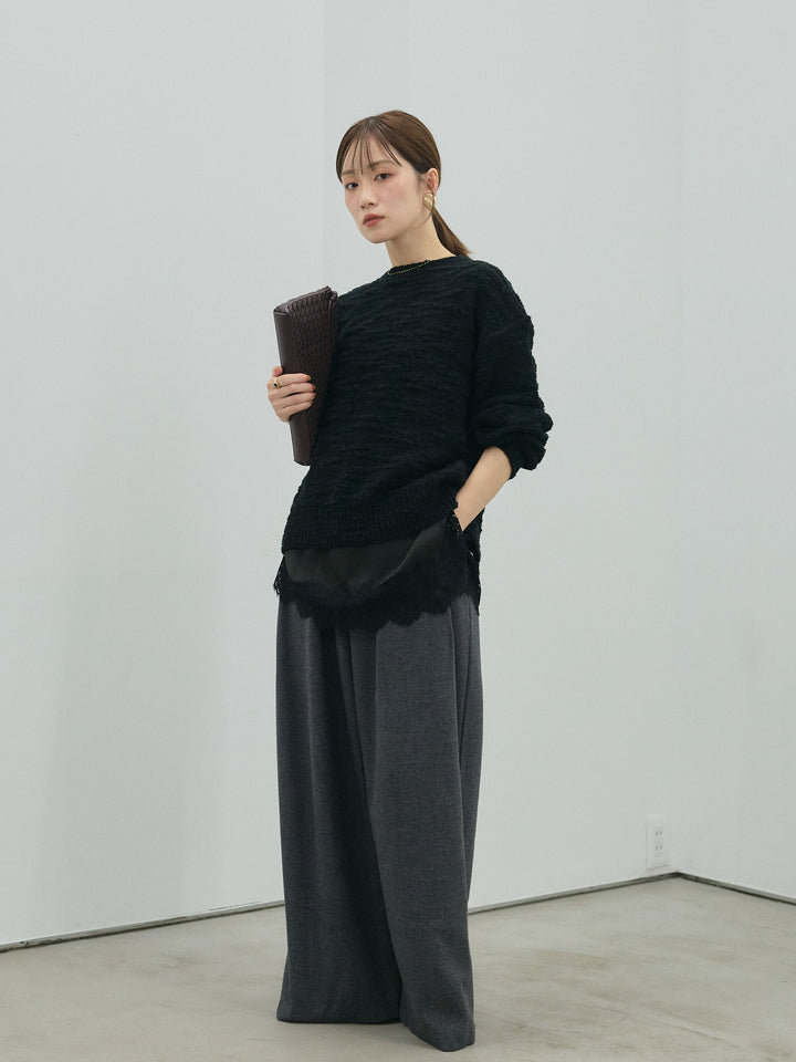 【Allure】[SET]バックリボンニュアンスブークレニットプルオーバー+ループデザインツイルワイドパンツ(2set)