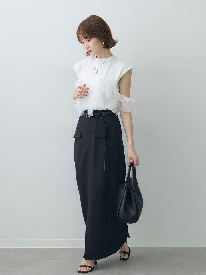 [SET]マルチwayフリルフレンチTEE+クレープデシンフラップ付きストレートスカート(2set)
