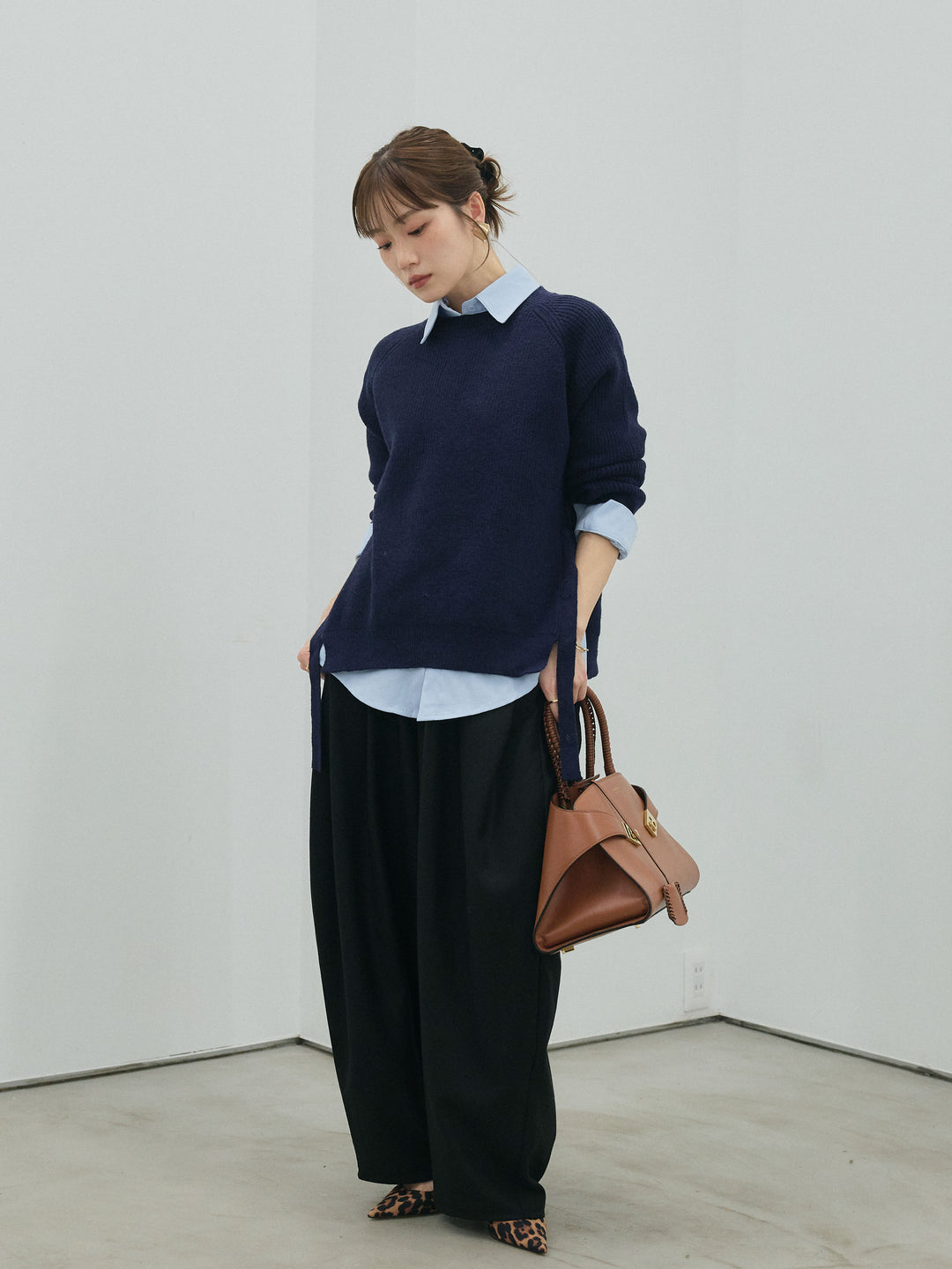 [予約]サイドスリット畦編みニットプルオーバーシャツアンサンブル/navy