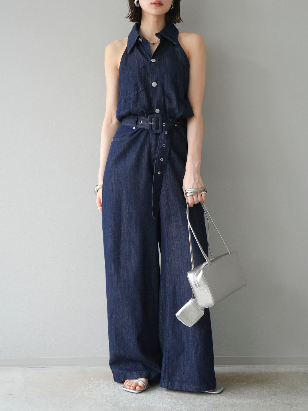 【預購】翻領牛仔連身衣/深藍色