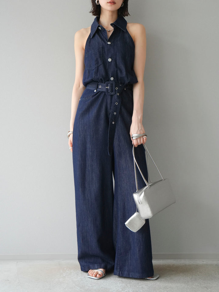 【預購】翻領牛仔連身衣/深藍色