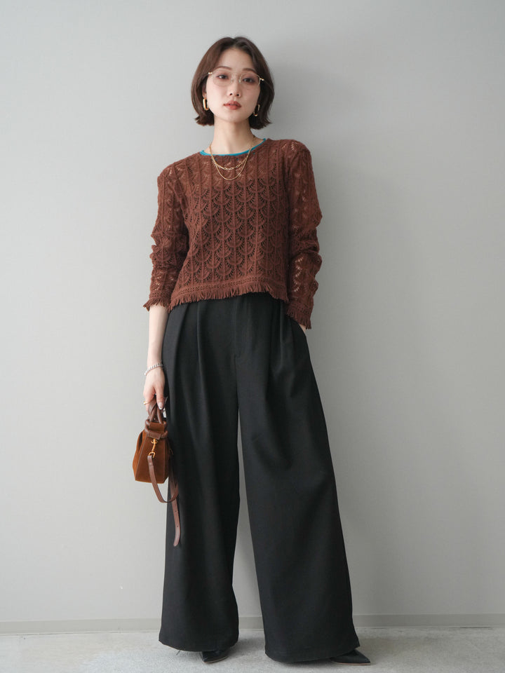 [予約]サテンベルトタックワイドパンツ/black