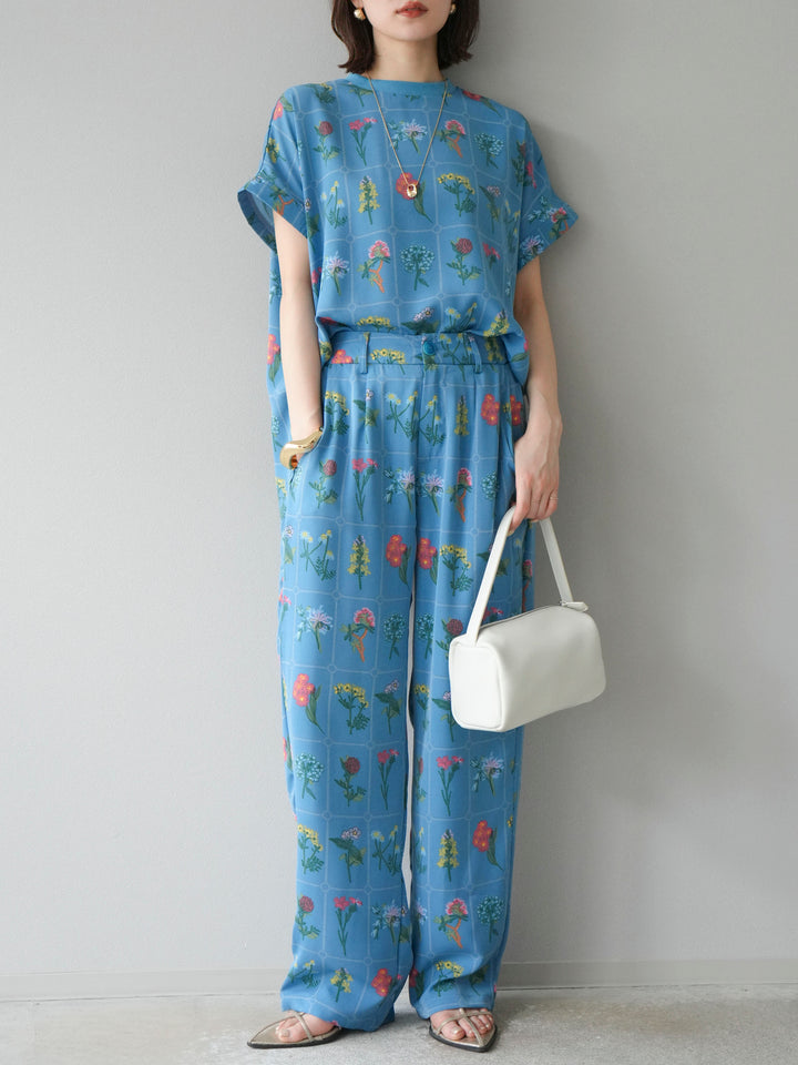 [予約]パッチワークフラワープリントイージーパンツ/ブルー