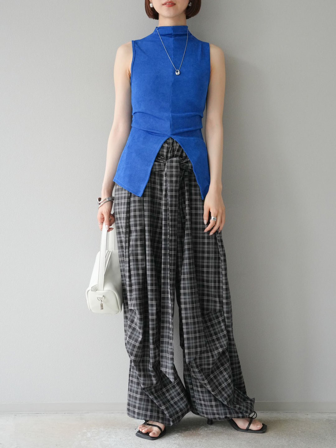 [予約]チェック柄ウエスト巻きドロストパンツ/ブラック