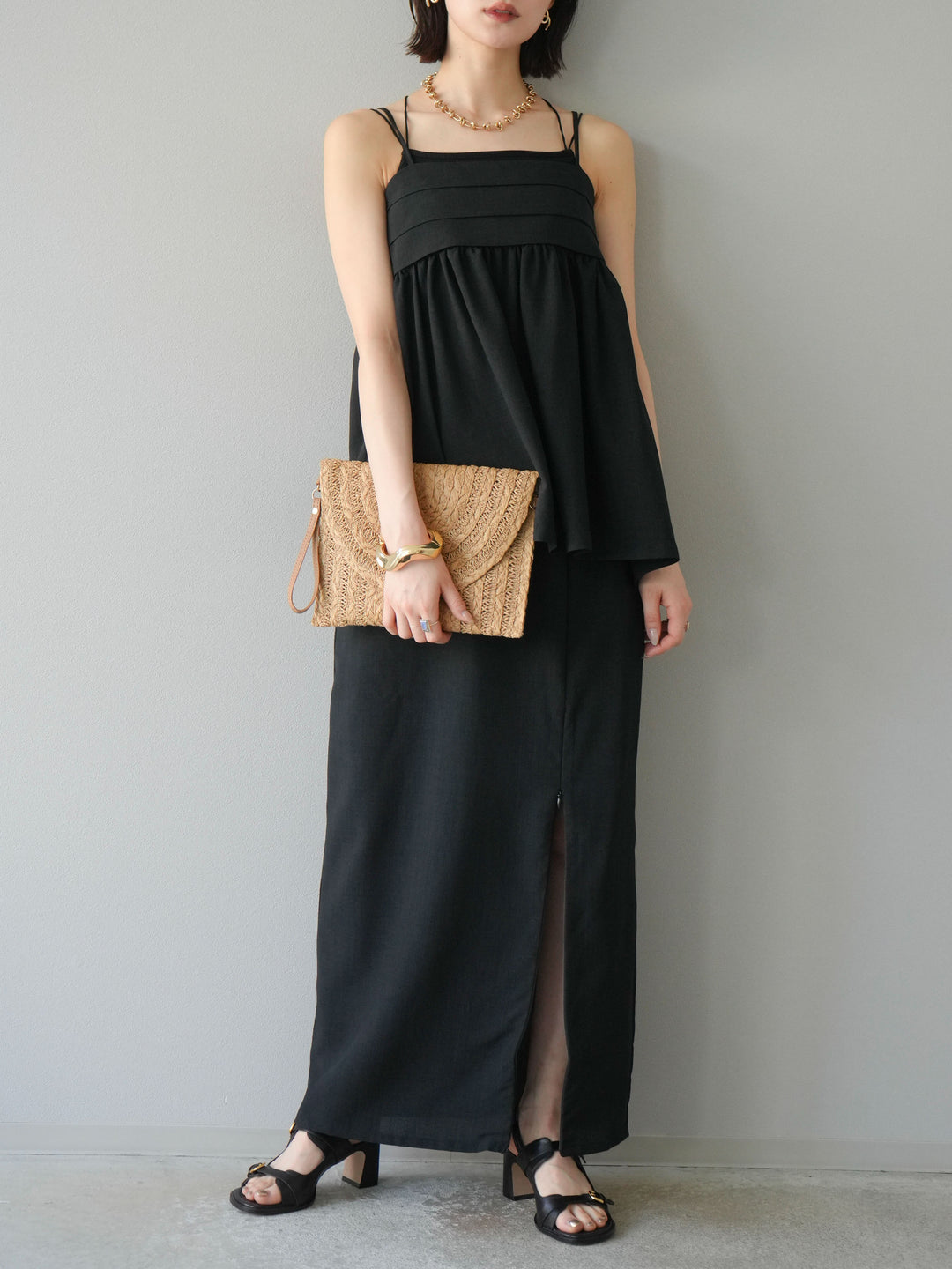 [予約]リネンライクZIPスリットタイトスカート/ブラック