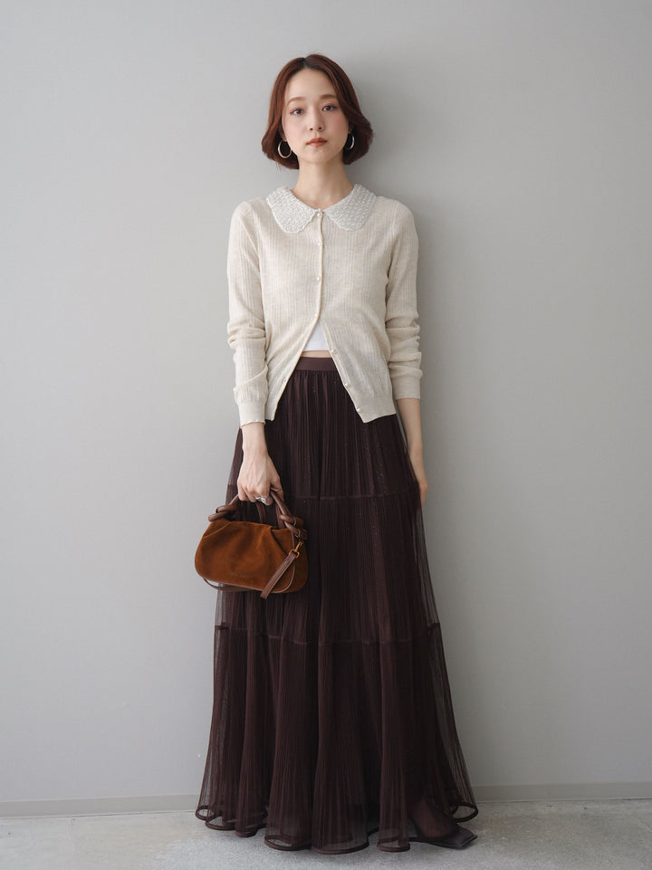 [予約]ラメプリーツレイヤードチュールロングスカート/brown