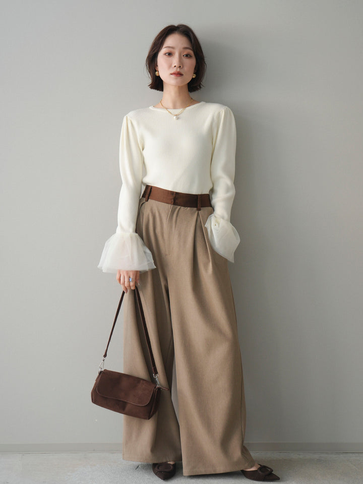 [予約]サテンベルトタックワイドパンツ/beige