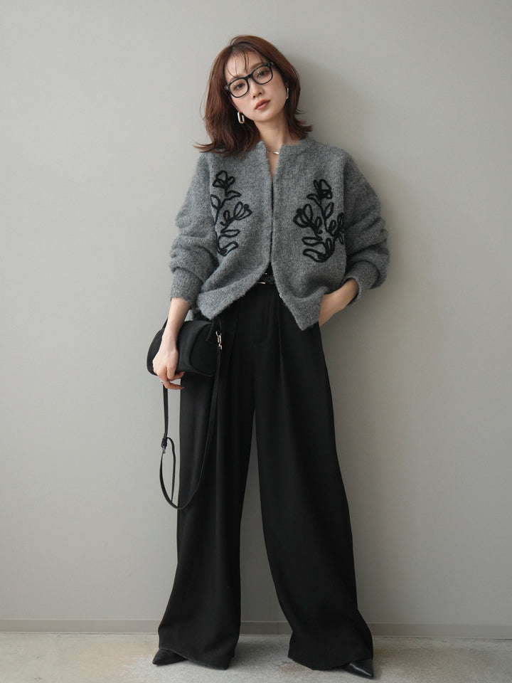 [予約]テープ刺繍ホック開きブークレニットカーディガン/mokugray