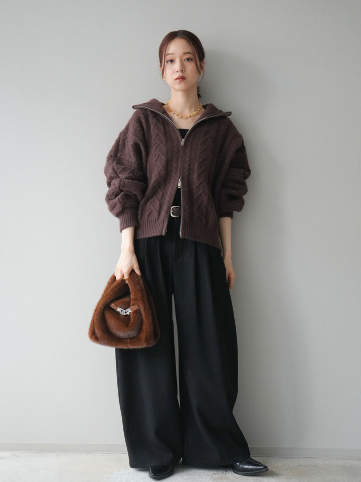 [予約]アニマル柄ベルト付きウールタッチワイドパンツ/black