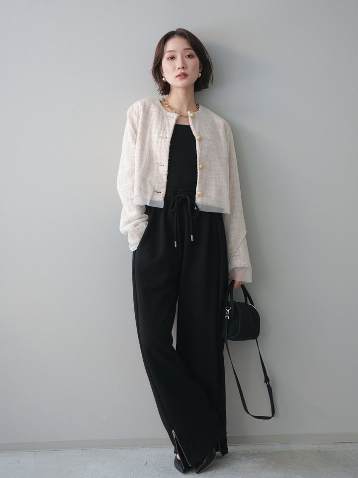 [SET]チュールレイヤードツイードクロップドジャケット+裾ZIPスエットワイドパンツ(2set)