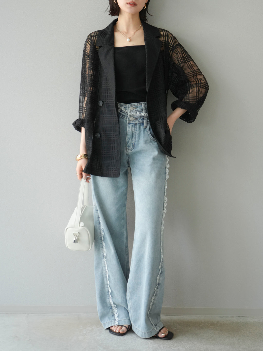 【預購】Line蕾絲牛仔褲/淺藍