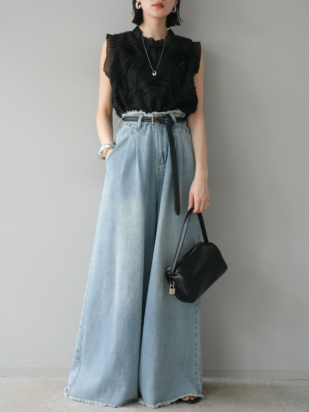 【預購】流蘇高腰寬牛仔褲/淺藍
