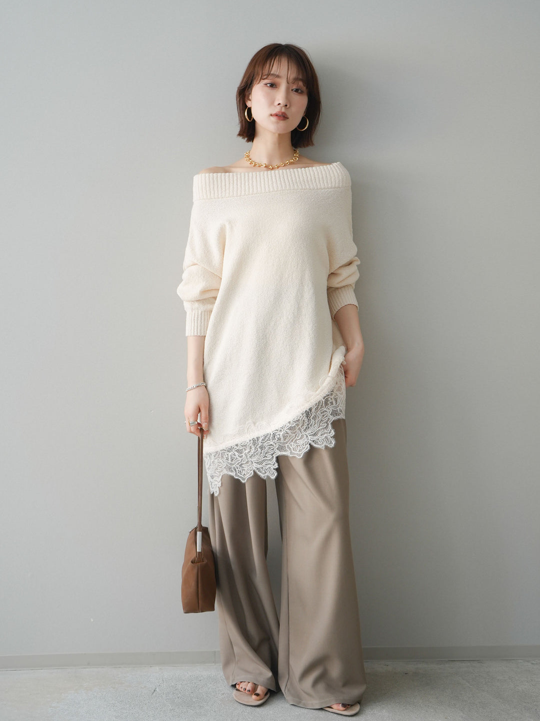 [SET]アシンメトリーレースヘムニットプルオーバー+選べるアクセセット(2set)