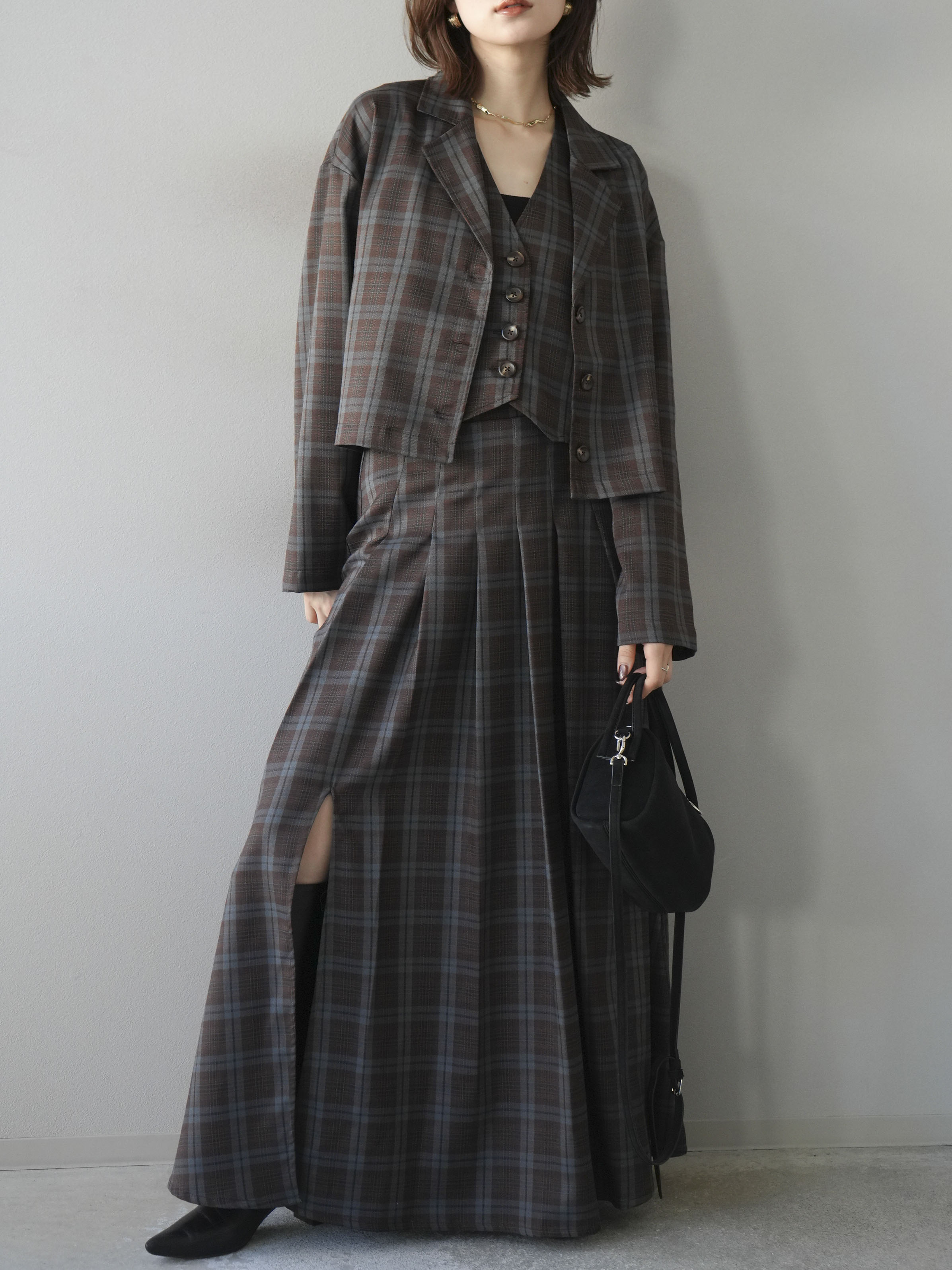 SET]チェック柄ショートジャケット+チェック柄ベスト+チェック柄